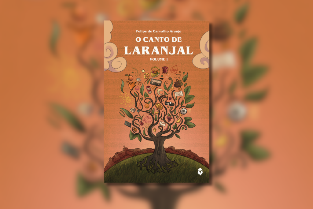 Capa de livro na cor laranja com título e nome do autor e a ilustração de uma árvore no centro 