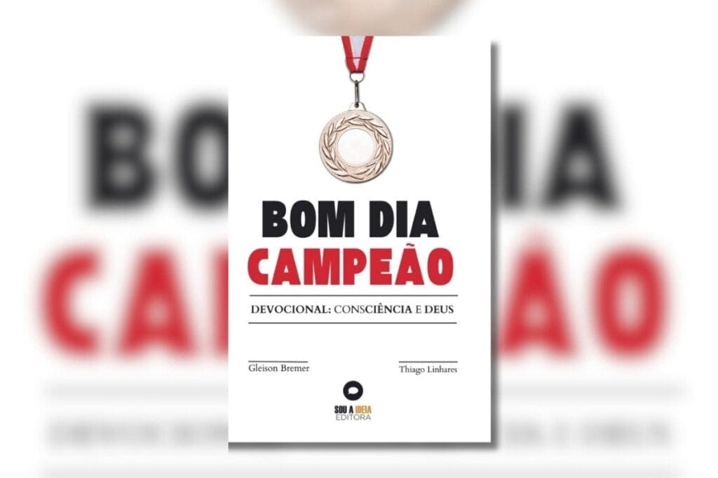 Capa do livro " Bom dia, Campeão" em branco com a ilustração de uma medalha na parte superior