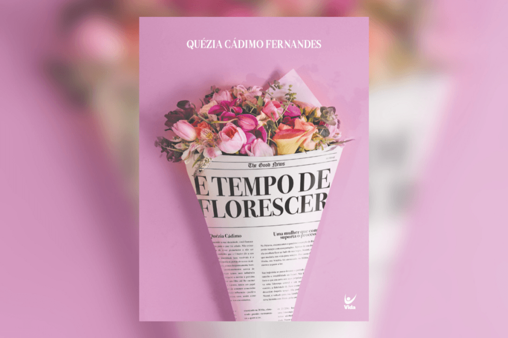 Capa de livro com buquê de flores e no jornal está escrito o título do livro em fundo rosa com o nome da autora