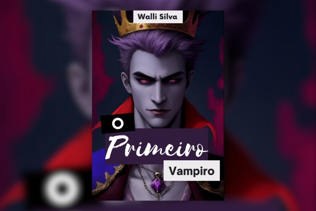 Capa do livro "O Primeiro Vampiro"  com a ilustração de um homem com olhos vermelhos e cabelo roxo 