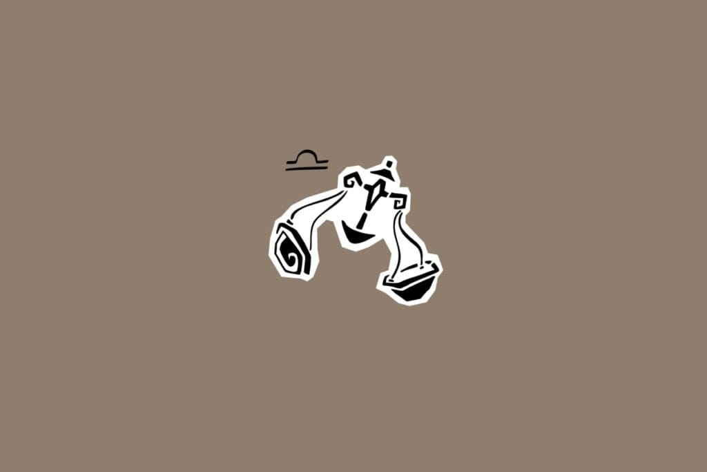 Ilustração do signo de Libra com uma balança estilizada e o símbolo do signo em fundo marrom