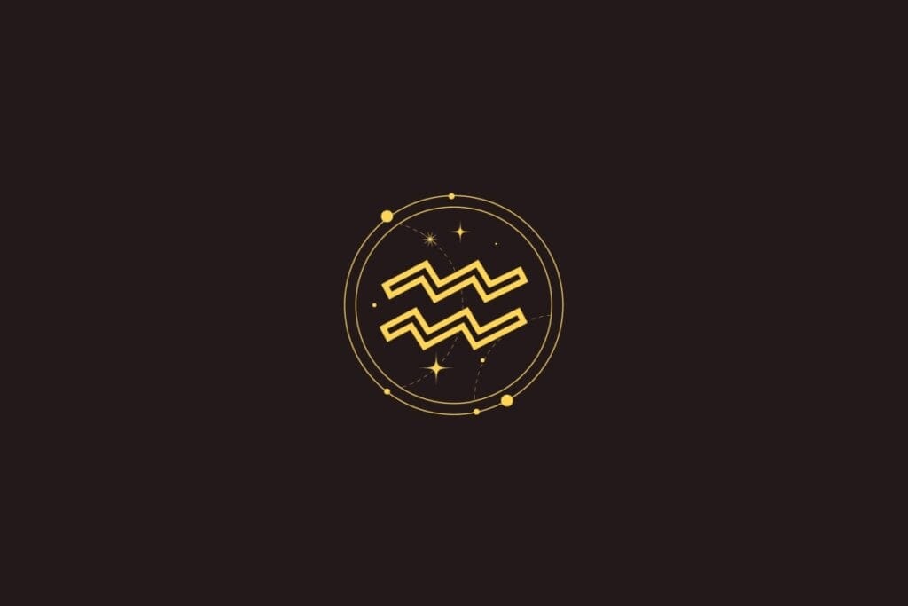 Ícone dourado do signo de Aquário com linhas onduladas, cercado por um círculo com detalhes de estrelas sobre fundo preto