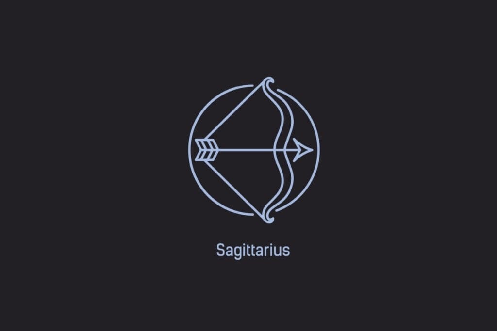 Ilustração do signo de Sagitário contendo um arco com uma flecha apontada para a direita