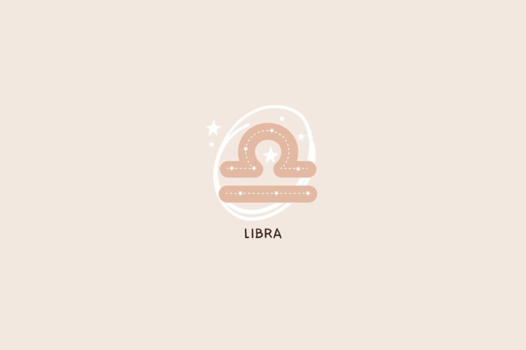 Ícone do signo de Libra em tom bege, formado por uma linha horizontal e um arco superior, com traços pontilhados e detalhes de estrelas sobre um fundo claro