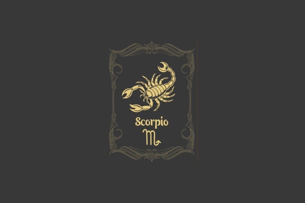 Ilustração do signo de Escorpião com a figura de um escorpião dourado, detalhado dentro de uma moldura clássica em fundo escuro