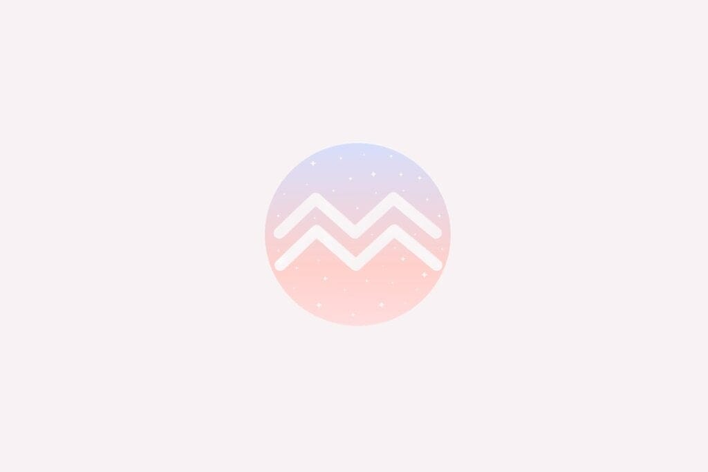 Ilustração do signo de Aquário com duas linhas onduladas brancas paralelas, em fundo suave com tons pastel e pontos brilhantes