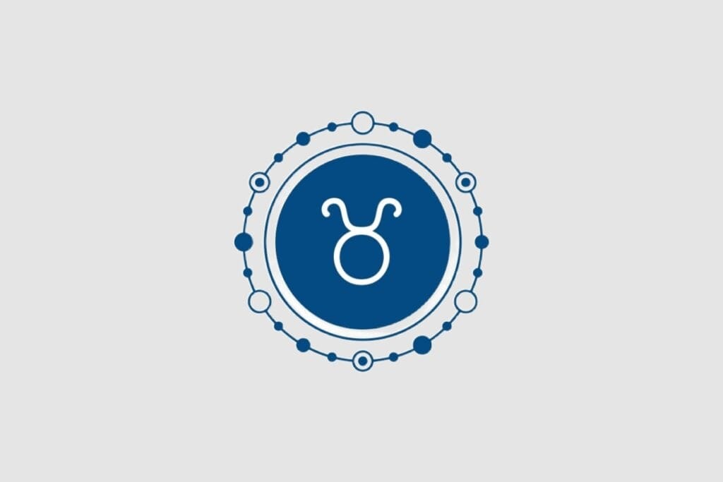 Ilustração do signo de Touro, com símbolo branco representando a cabeça de um touro com chifres, sobre fundo azul-escuro e contorno circular decorativo