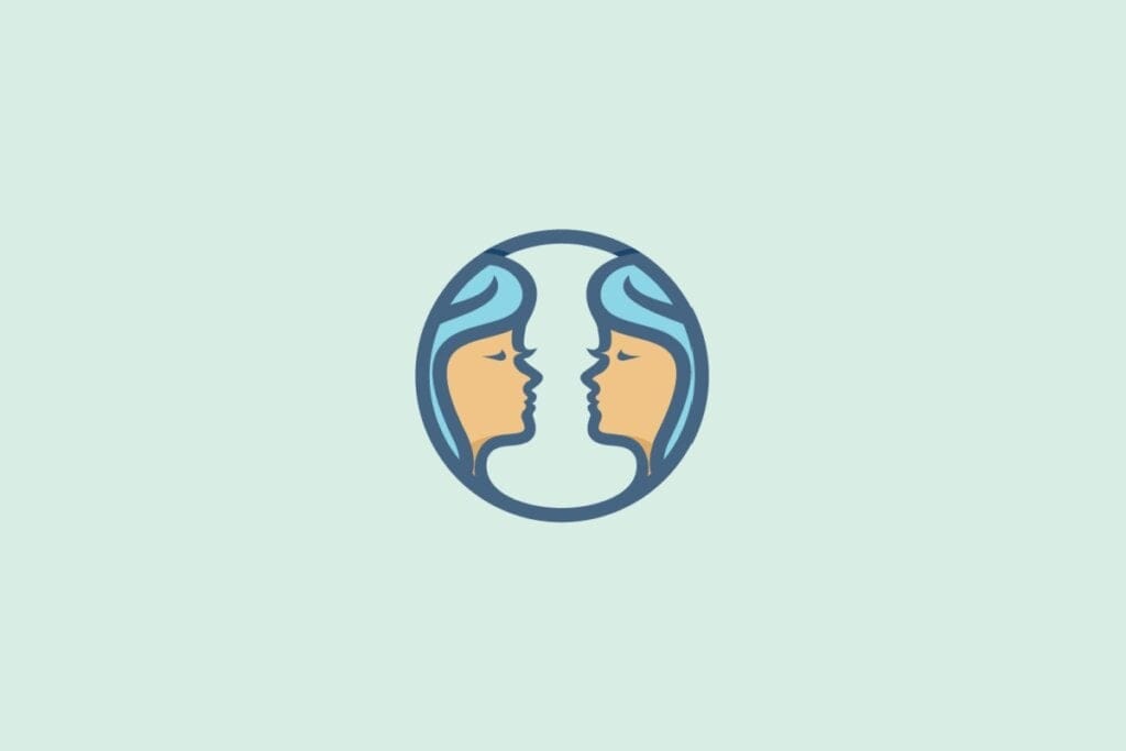 Ilustração do signo de Gêmeos com dois rostos estilizados voltados um para o outro
