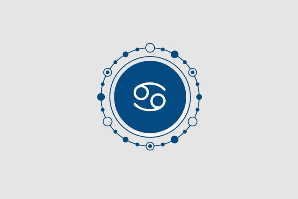 Ilustração do signo de Câncer, com dois círculos interligados por curvas brancas, sobre fundo azul-escuro cercado por ornamentos redondos