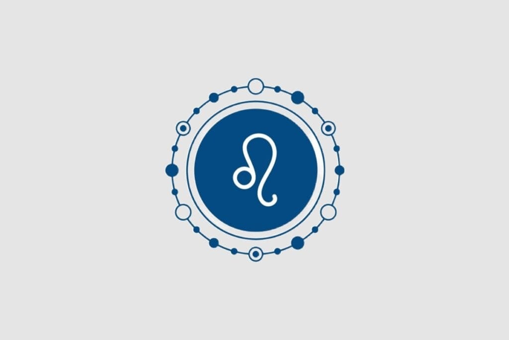 Ilustração do signo de Leão, com símbolo branco curvado lembrando uma cauda estilizada, inserido num fundo azul-escuro com moldura de círculos interligados