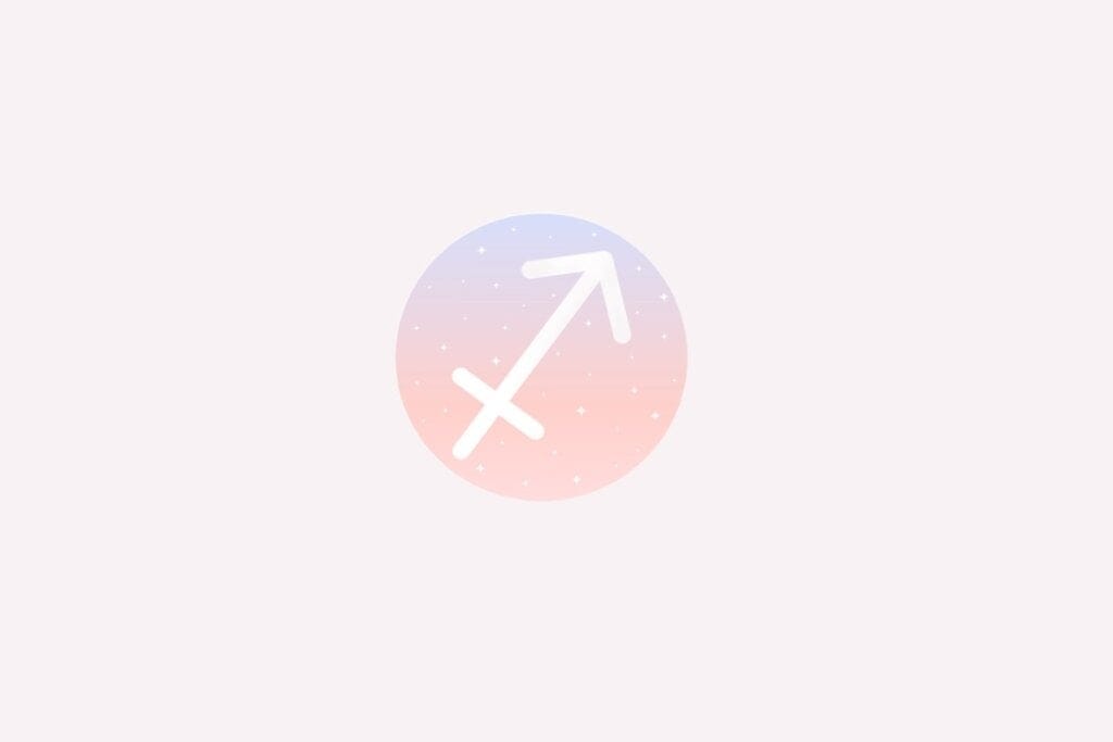 Ilustração do signo de Sagitário com flecha branca inclinada para cima, em fundo rosado