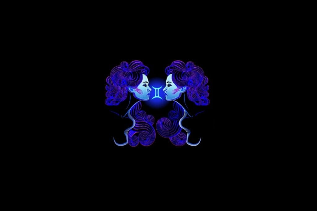 Ilustração do signo de gêmeos em roxo e rosa em um fundo preto