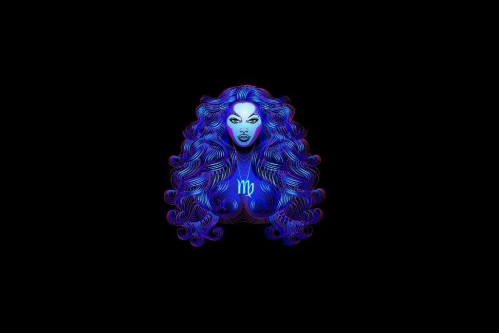 Ilustração do signo de libra em roxo e rosa em um fundo preto