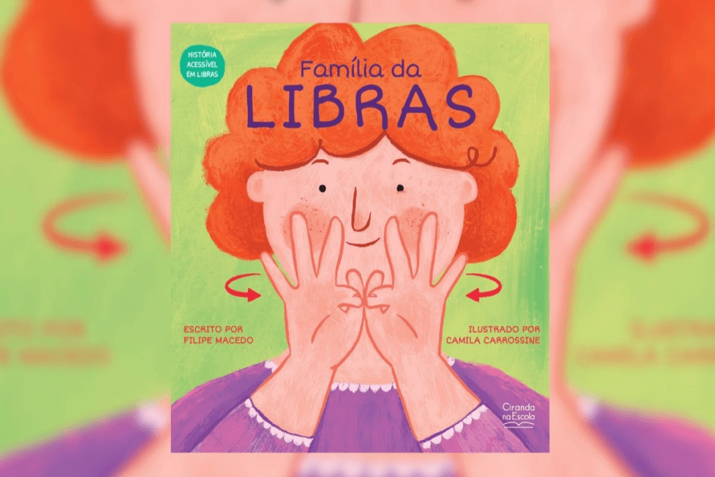Capa de livro com título e nome do autor, e ilustração de uma criança com o cabelo cacheado ruivo, usando uma blusa roxa com detalhes em branco fazendo um sinal em Libras