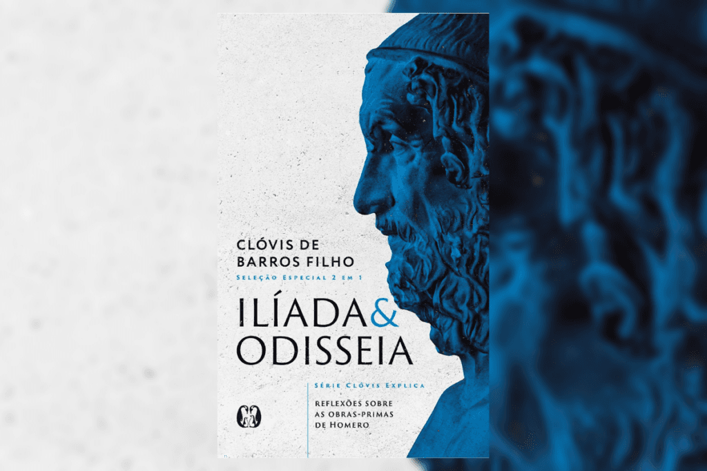 Capa de livro em branco e azul com o título e nome do autor e a imagem em azul de uma estátua grega