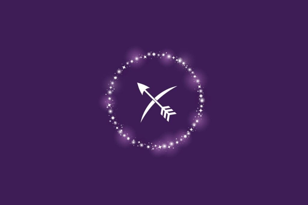 Ilustração do símbolo do signo de Sagitário em forma de flecha branca, envolvido por um círculo de pontos brilhantes sobre fundo roxo