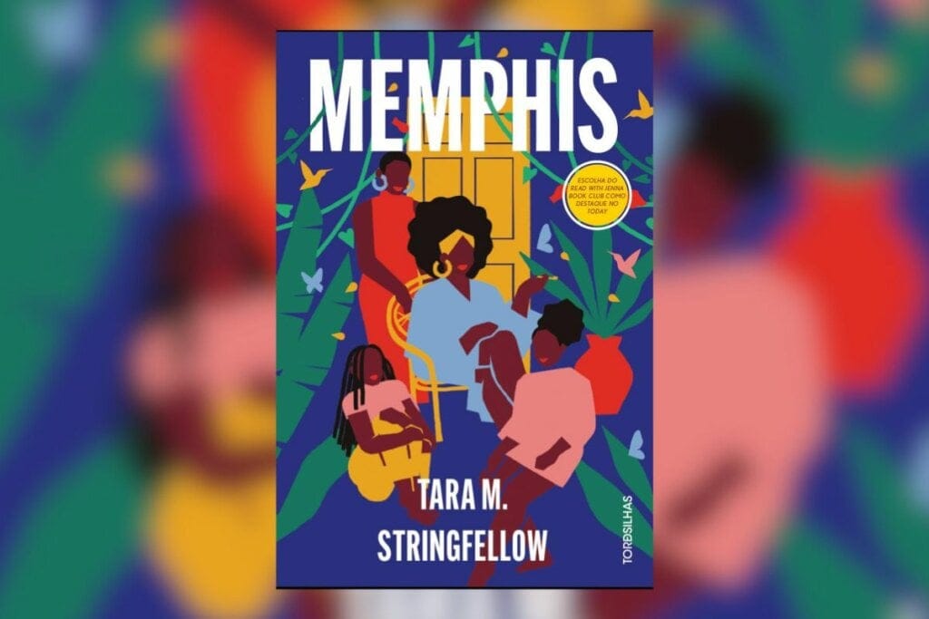 Capa de livro com título e nome do autor, com a ilustração de duas mulheres negras e duas crianças negras em fundo azul com flores