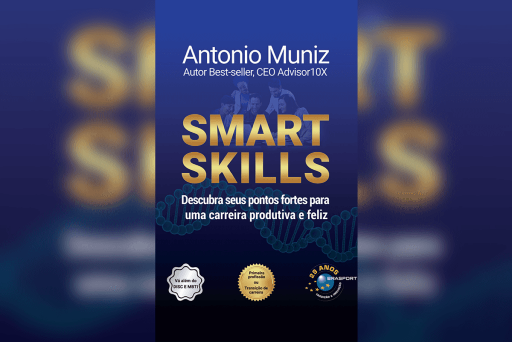 Capa azul escura do livro “Smart Skills”, com DNA ilustrado e título dourado em destaque