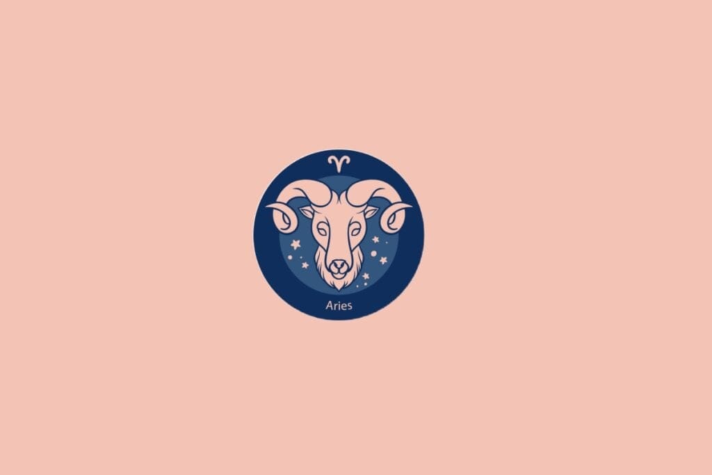 Ilustração do signo de Áries, representado por um carneiro com chifres curvados, sobre um fundo azul com estrelas em fundo rosa
