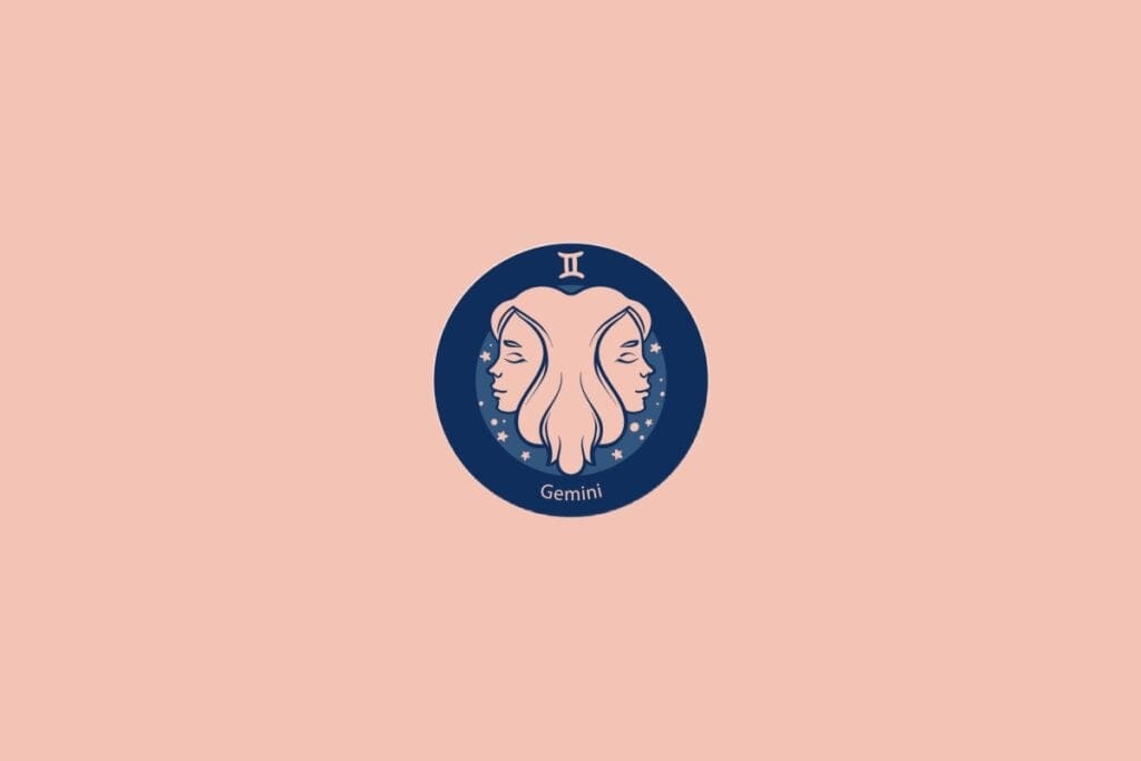 Ilustração do signo de Gêmeos com dois rostos opostos em perfil em fundo azul com estrelas e fundo rosa