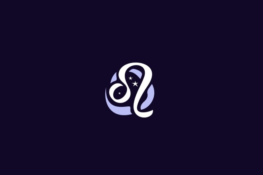 Ilustração do signo de Leão, com símbolo em forma de curva alongada que lembra uma cauda ou juba, acompanhado por duas estrelas, em fundo roxo-escuro