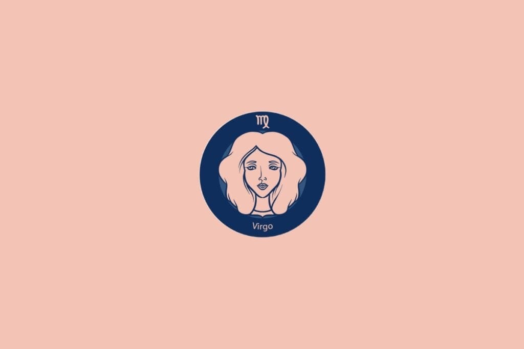 Ilustração do signo de Virgem com o rosto de uma mulher em fundo azul e rosa