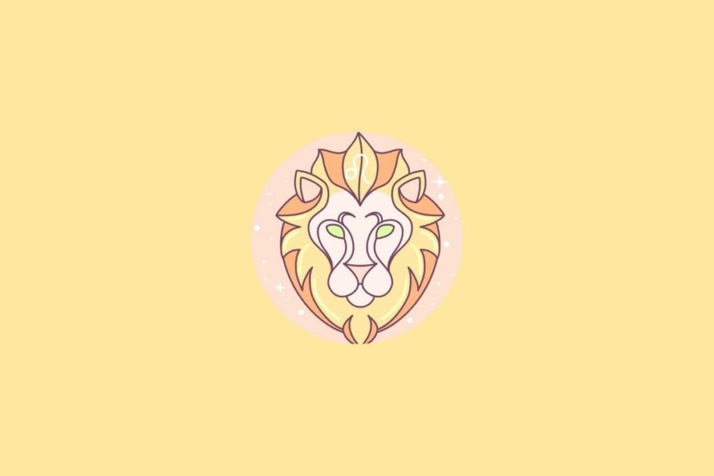 Ilustração do signo de Leão em um círculo em cima de um fundo laranja