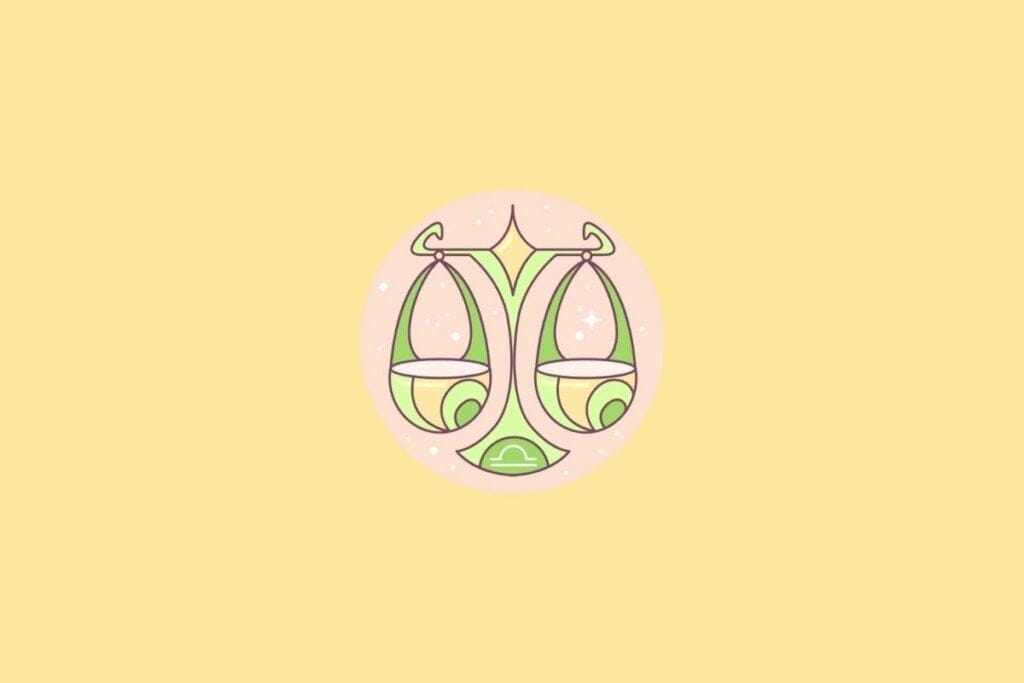 Ilustração do signo de Libra em um círculo em cima de um fundo laranja