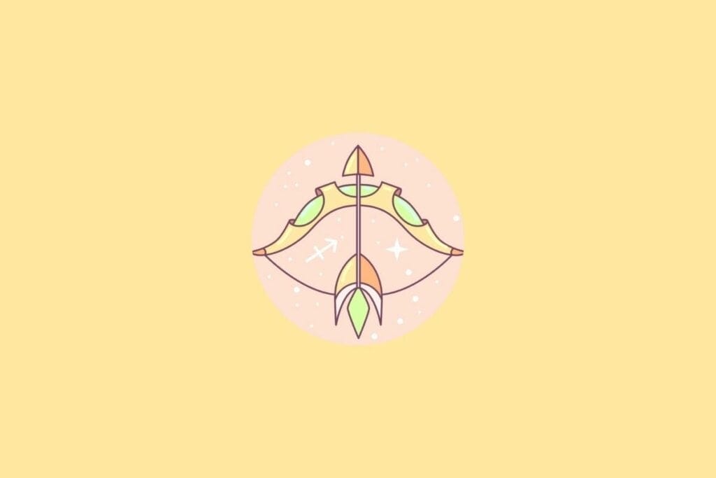 Ilustração do signo de Sagitário em um círculo em cima de um fundo laranja