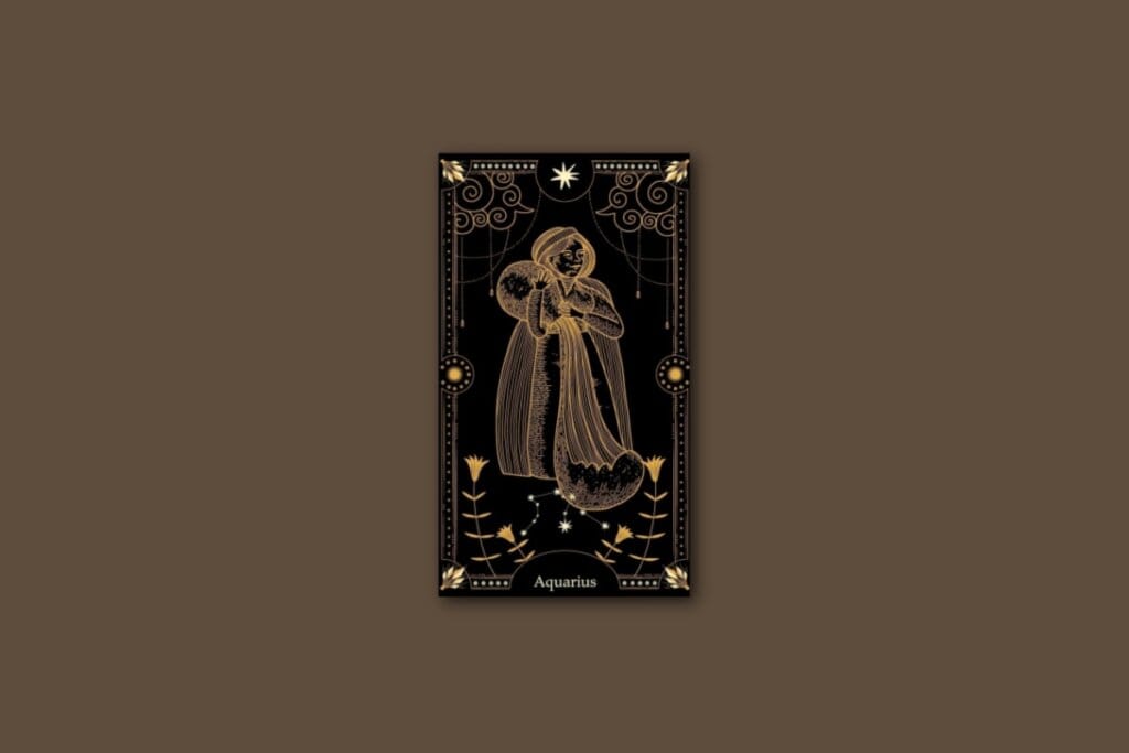 Ilustração de uma carta preta, com o desenho do signo e da constelação de aquário, com borda dourada e estrelas