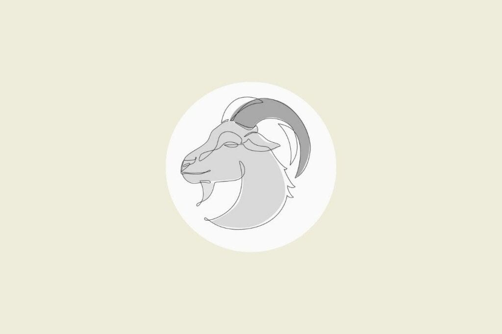 Ilustração do signo de capricórnio em preto e branco, dentro de um círculo, sobre um fundo bege-claro