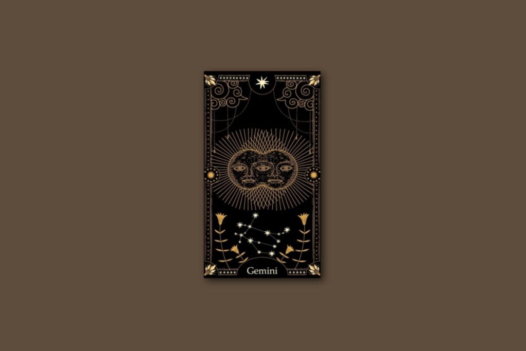Ilustração de uma carta preta, com o desenho do signo e da constelação de gêmeos, com borda dourada e estrelas