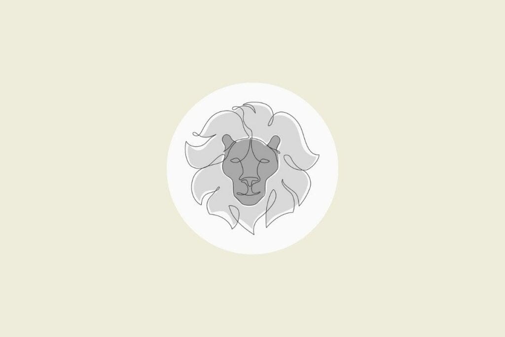 Ilustração do signo de leão em preto e branco, dentro de um círculo, sobre um fundo bege-claro