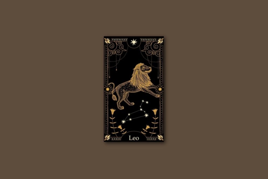 Ilustração de uma carta preta, com o desenho do signo e da constelação de leão, com borda dourada e estrelas