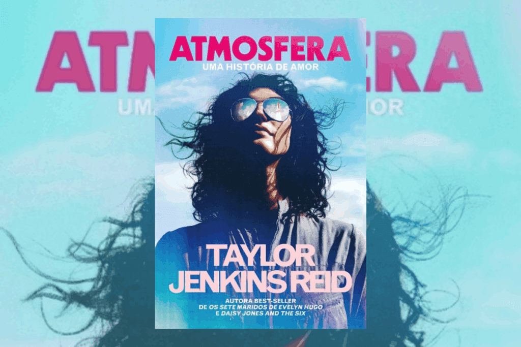 Capa de livro azul com nome do autor e título escrito em rosa e com a imagem de uma mulher com os cabelos ao vento usando um óculos escuro e no reflexo do óculos um foguete decolando