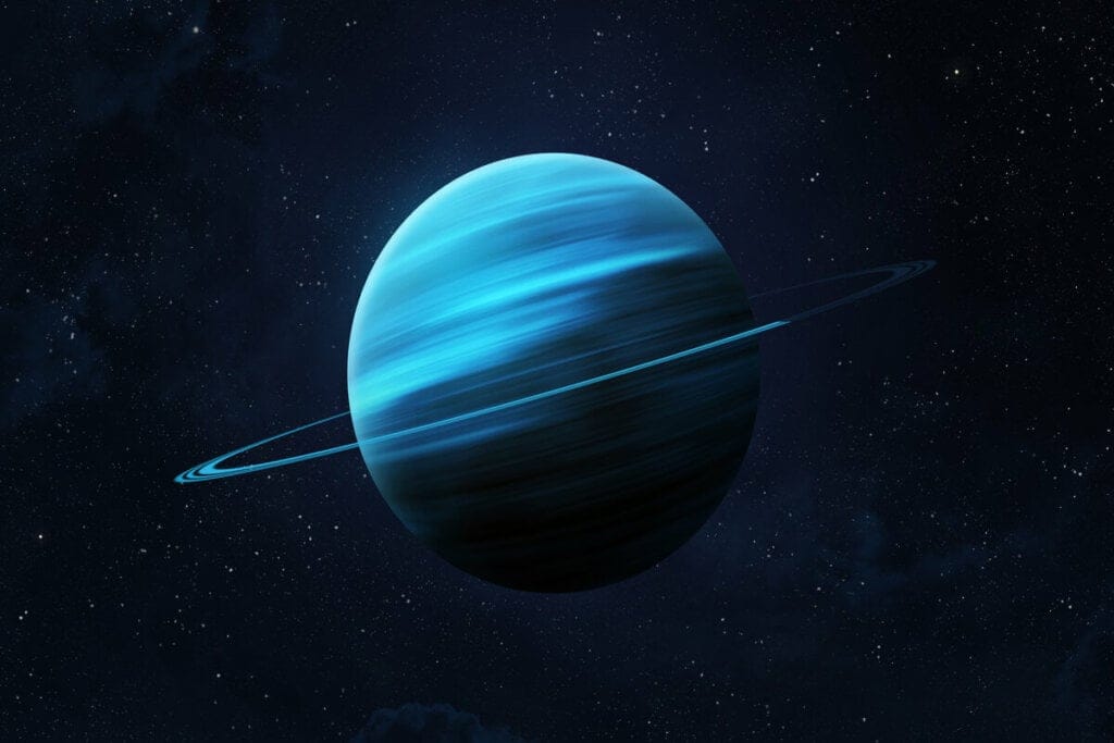 Ilustração do planeta Urano no espaço rodeado por estrelas