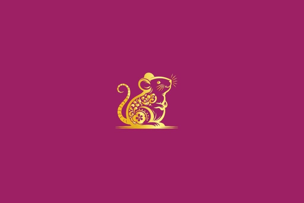 Ilustração de um rato dourado em um fundo rosa-escuro