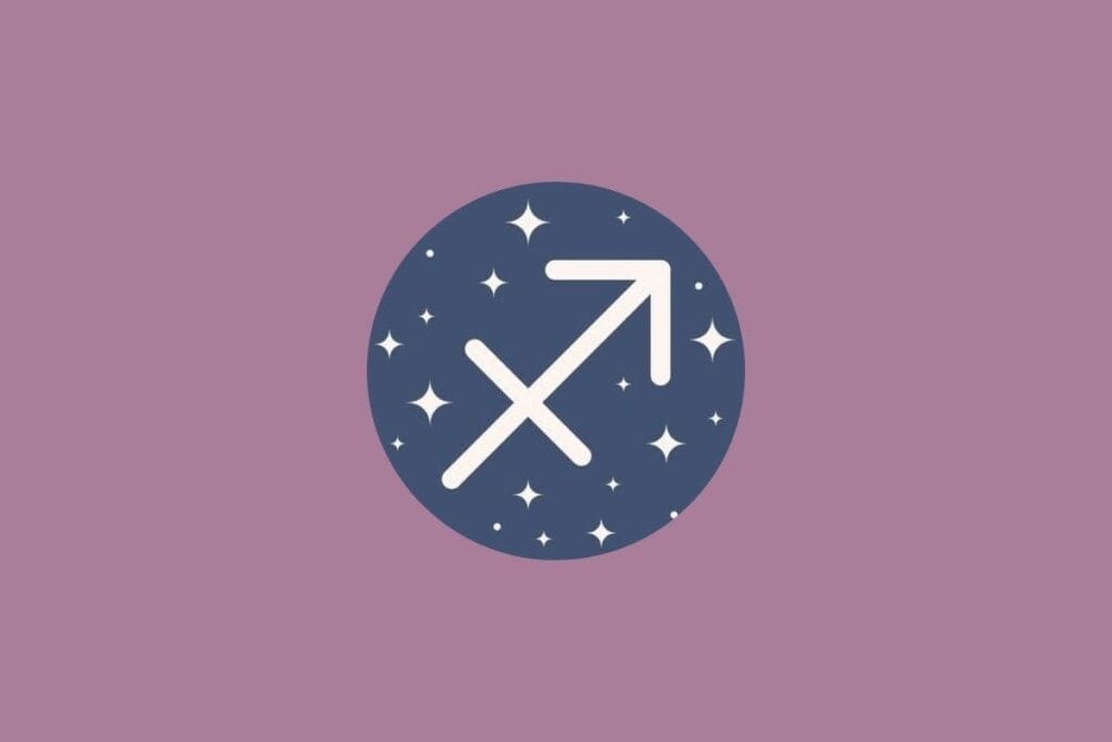 Ilustração do signo de sagitário em um círculo verde e em um fundo roxo