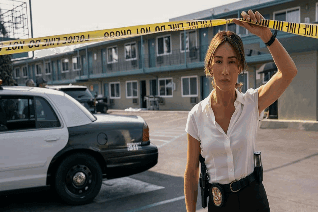 Imagem de uma mulher asiática com o cabelo preso e usando camisa social branca, com um cinto com armas e o distintivo da polícia, calça preta. Levantando uma faixa amarela de cena de crime e ao fundo há um carro da policia e um prédio