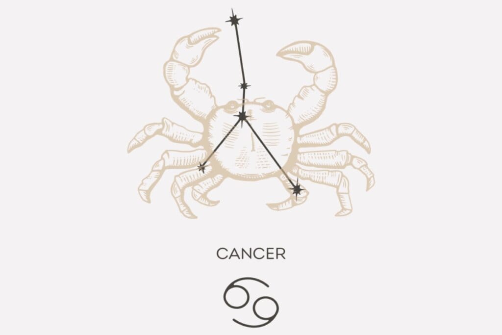 Ilustração e constelação do signo de Câncer em um fundo cinza