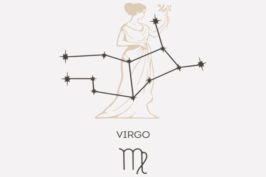 Ilustração e constelação do signo de Virgem em um fundo cinza