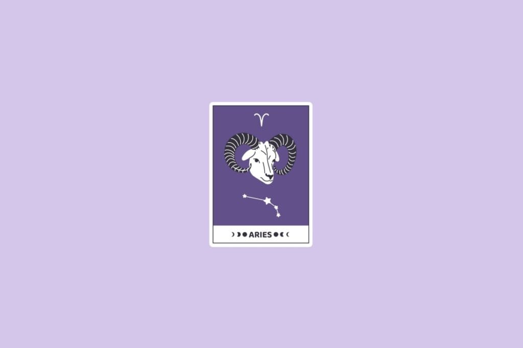Ilustração de uma carta com o símbolo do signo de áries em um fundo roxo 