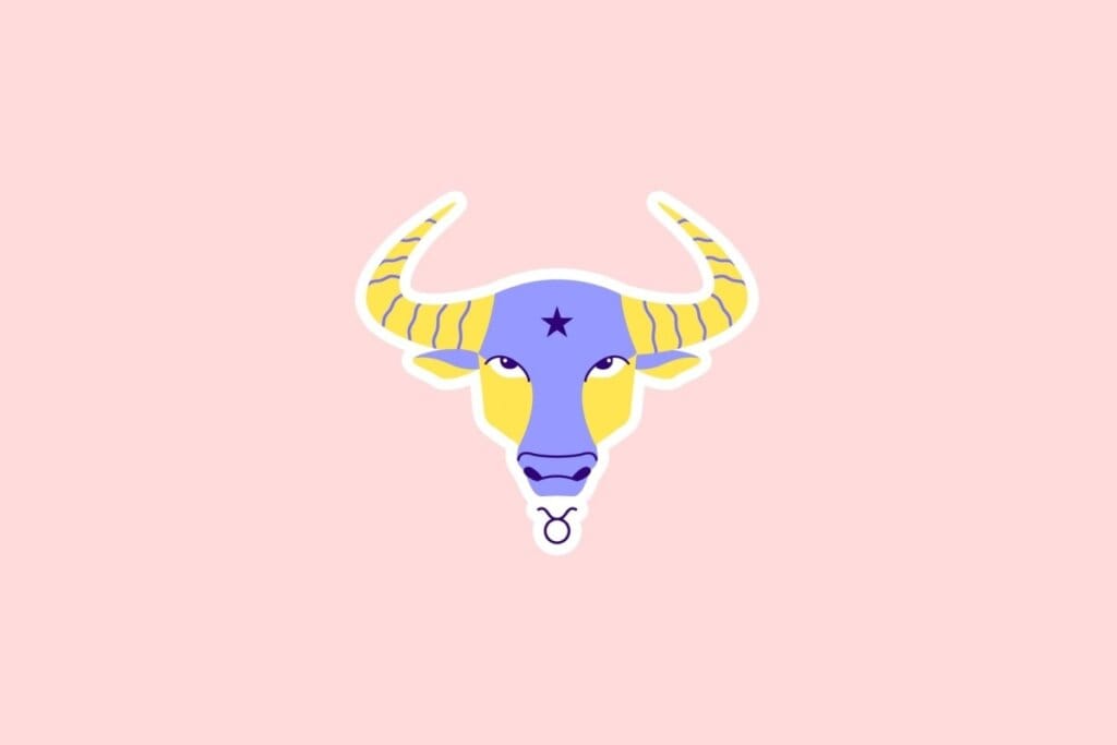 Ilustração do rosto de um touro em amarelo e roxo com chifres listrados e o símbolo de Touro abaixo, sobre fundo rosa-claro
