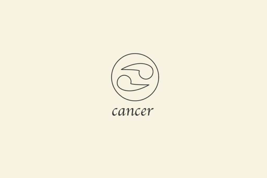 Ilustração do signo de Câncer, em fundo bege, contendo dois traços curvos em formato de garras opostas, com círculos nas extremidades