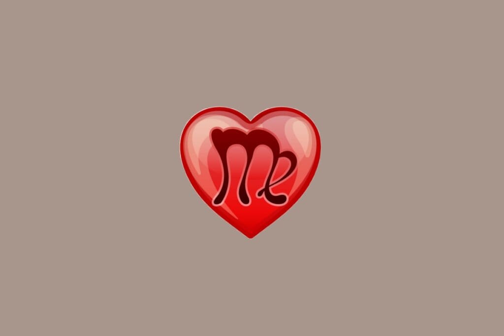 Ilustração do signo de Virgem, em fundo amarronzado, com um coração vermelho ao centro contendo um “M” com perna curvada à direita