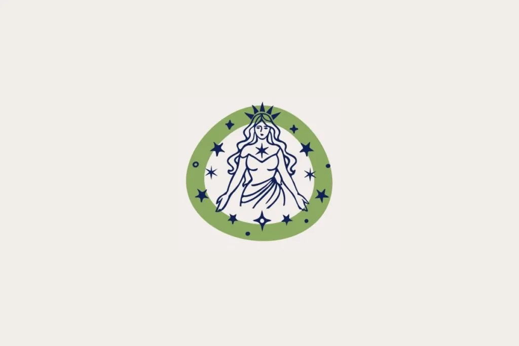 Ilustração do signo de Virgem, em fundo bege-claro, contendo uma figura feminina de braços abertos com uma estrela no peito dentro de uma moldura verde com estrelas