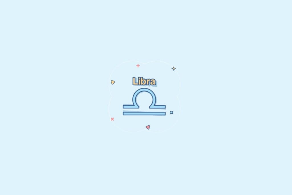 Ilustração do signo Libra, contendo uma linha curva sobre uma linha reta horizontal, remetendo a uma balança, em fundo azul-claro
