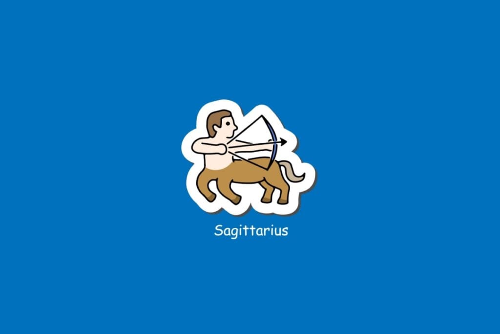 Ilustração do signo de Sagitário, em fundo azul, com centauro puxando arco e flecha em posição de ataque