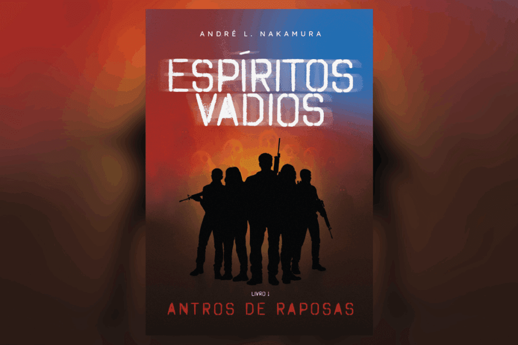 Capa do livro “Espíritos Vadios” com silhuetas armadas diante de um fundo vermelho e azul