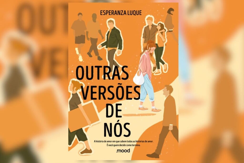 Capa do livro "Outras versões de nós" com a ilustração de pessoas andando em um fundo laranja 
